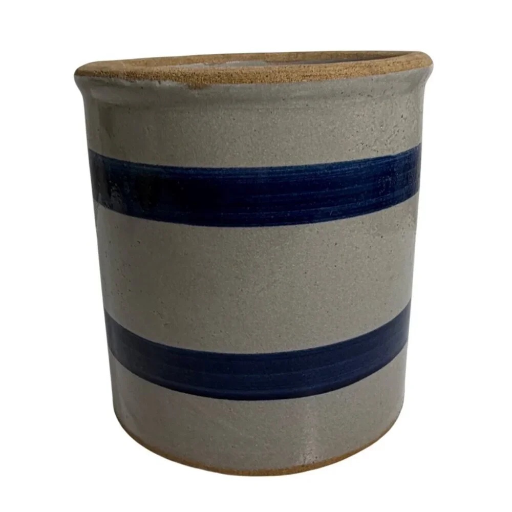 Stoneware Crock w/ Blue Stripes - Rustic Kitchen Utensil Holder Decorative Vase